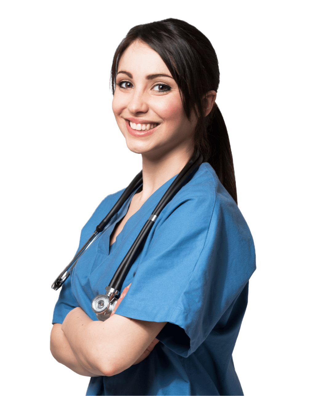A concierge RN in scrubs with a stethoscope, arms folded